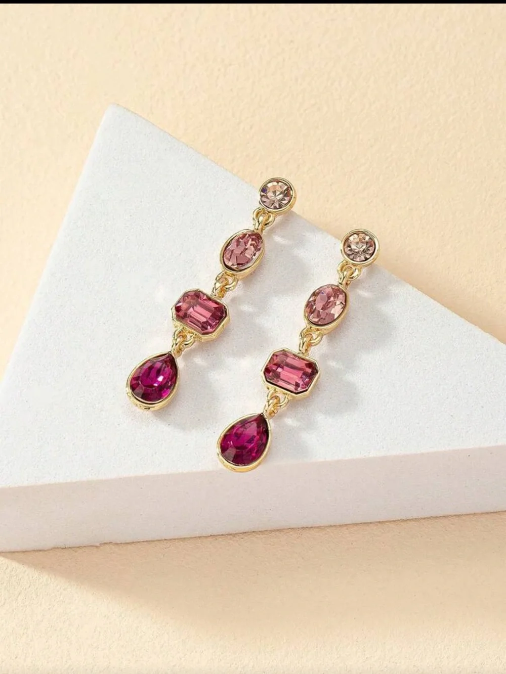 Gold Drop Earrings with Pink Gemstones - Elegant Women Jewelry
